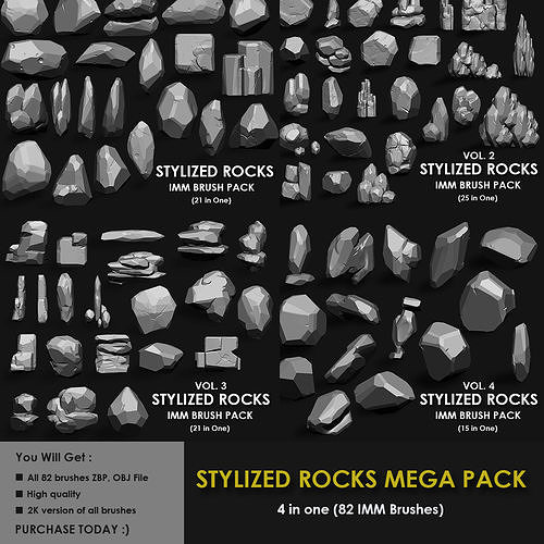 STYLIZED ROCKS MEGA PACK 4 IN ONE 82 BRUSHES 3D model