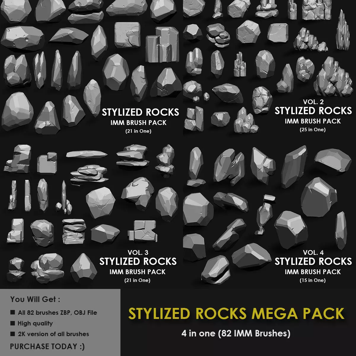 STYLIZED ROCKS MEGA PACK 4 IN ONE 82 BRUSHES 3D model
