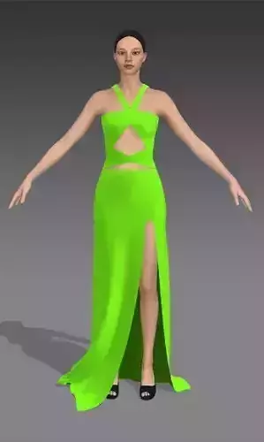 DRESS NEON COLOR GREEN V NECKLINE SLIT SKIRT LOOK