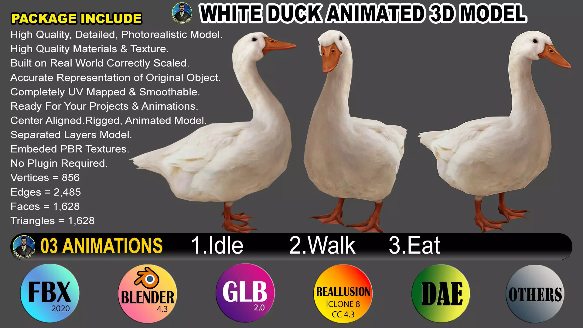 Duck Rigged Animated 3 Low-poly 3D model_0