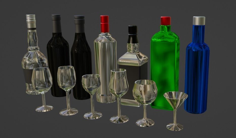 Low poly bottles and glasses pack  Low-poly 3D model_4