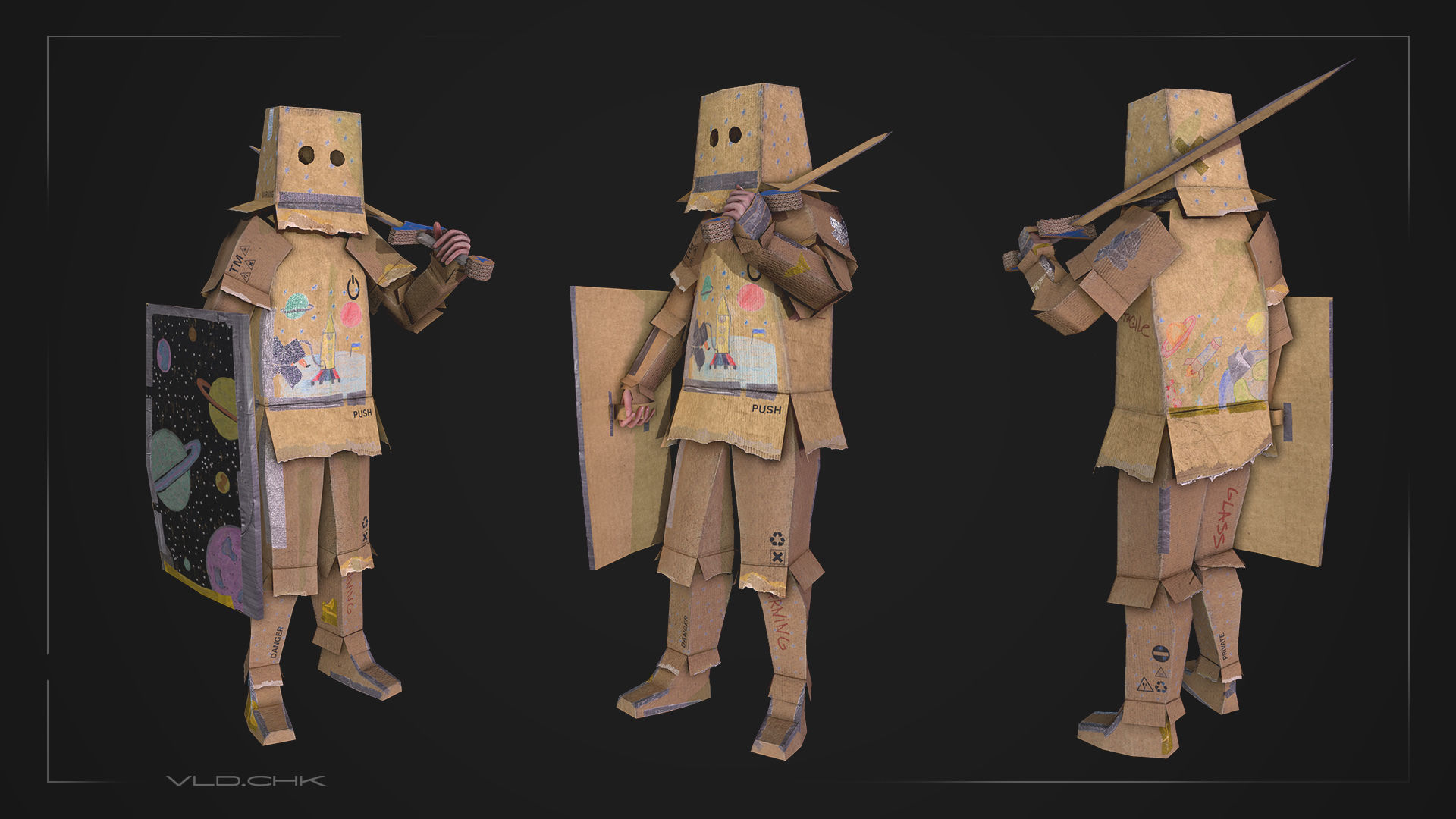 Cardboard Warrior Low-poly 3D model_1