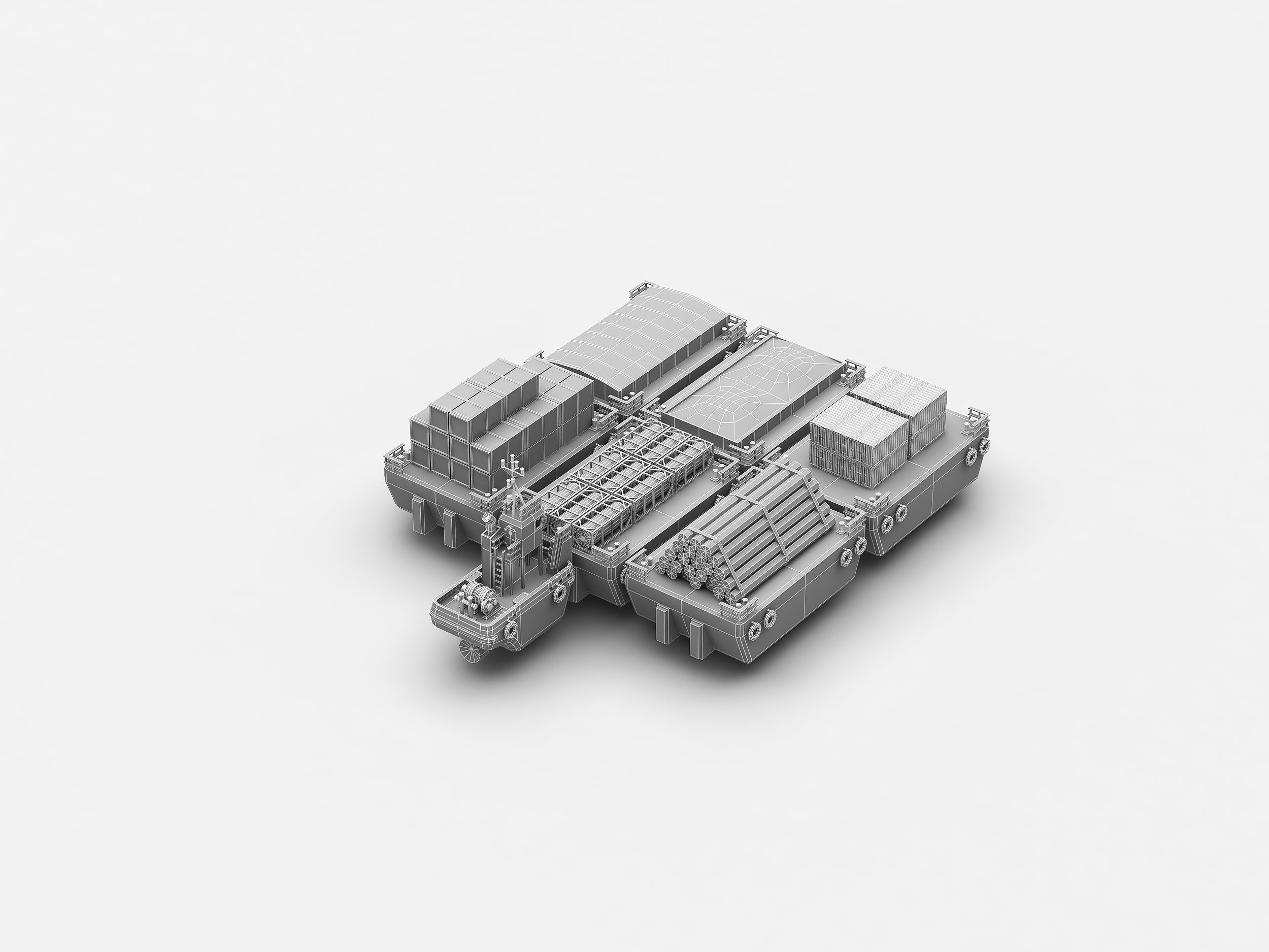 Barge and Push Boats lowpoly Low-poly 3D model_5