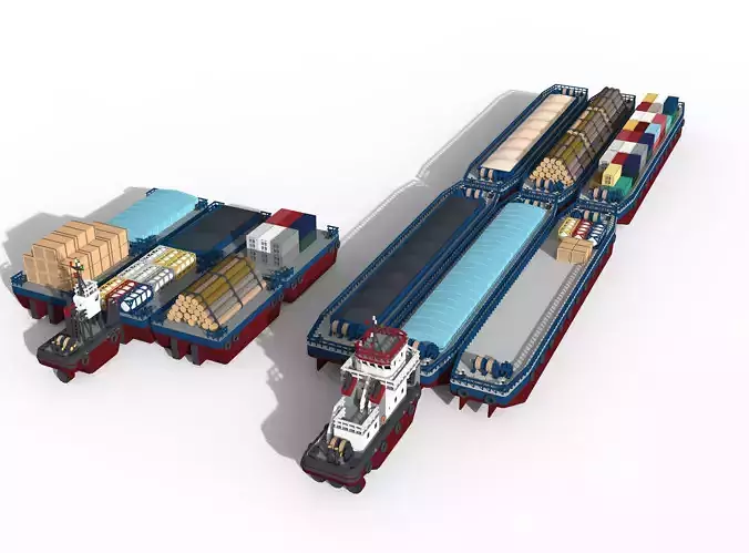 Barge and Push Boats lowpoly Low-poly 3D model