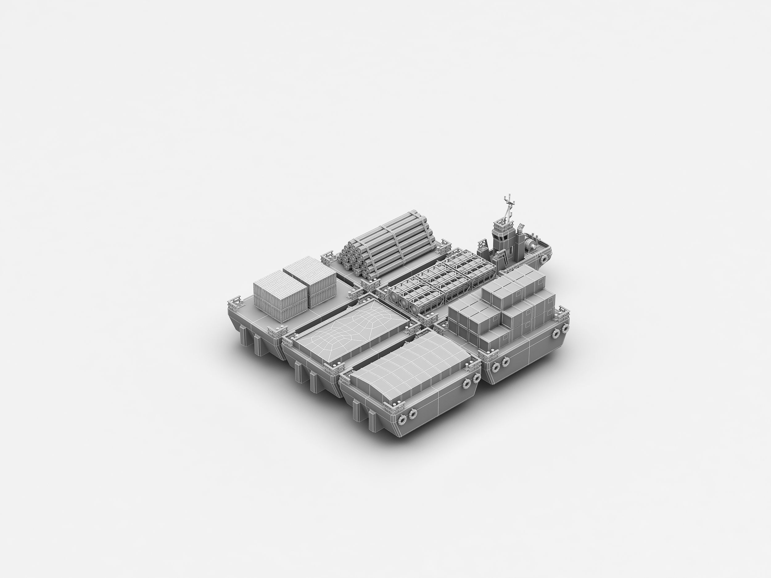 Barge and Push Boats lowpoly Low-poly 3D model_6