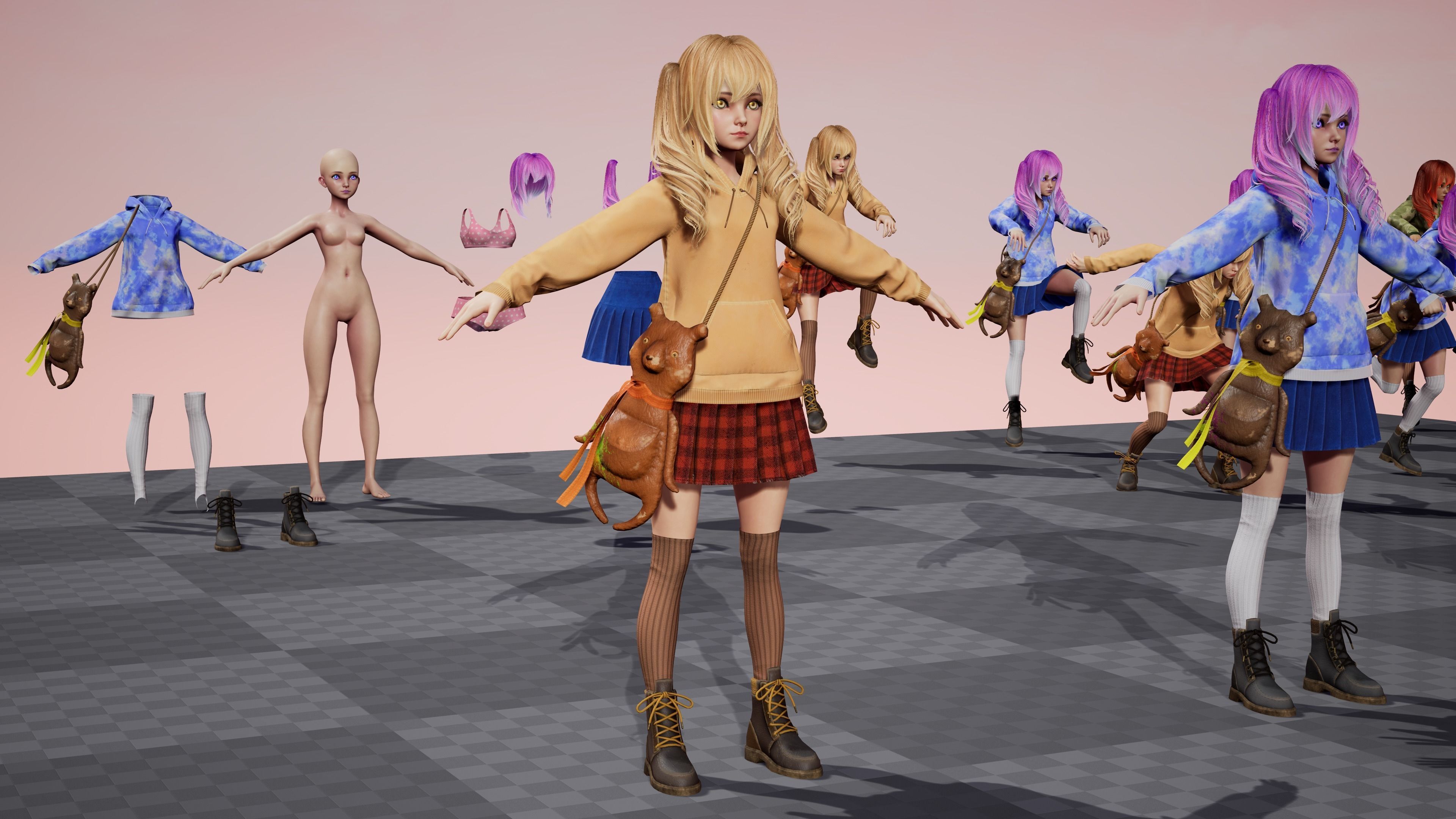 Girl And Bear - Game Ready 3D model Low-poly 3D model_9