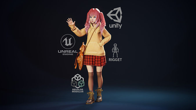 Girl And Bear - Game Ready 3D model Low-poly 3D model
