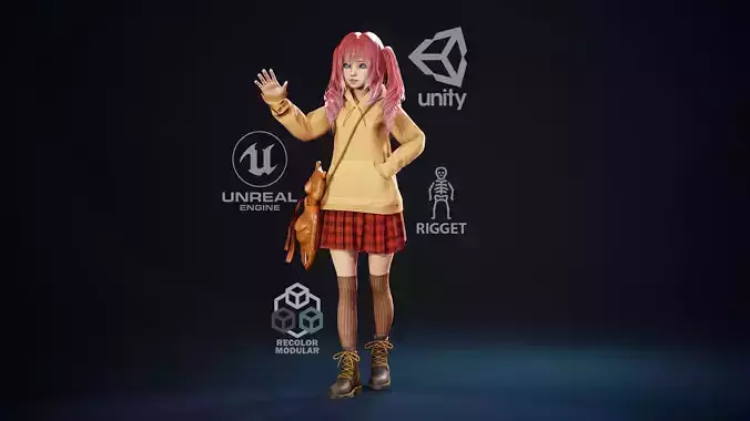 Girl And Bear - Game Ready 3D model Low-poly 3D model