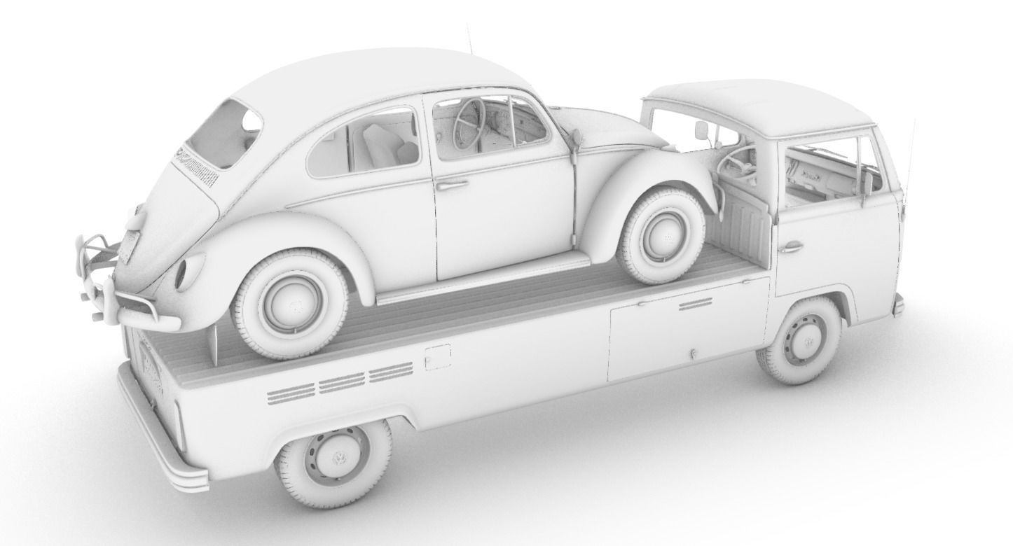 Vw T2 Kemperink Special Pickup 1976  and Vw Beetle 1960 3D model_18