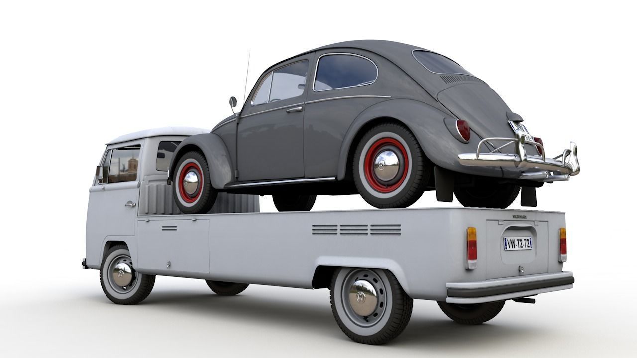 Vw T2 Kemperink Special Pickup 1976  and Vw Beetle 1960 3D model_4