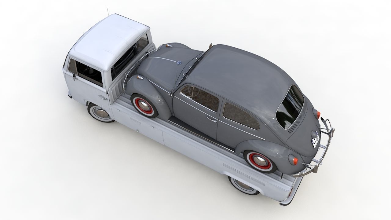 Vw T2 Kemperink Special Pickup 1976  and Vw Beetle 1960 3D model_14