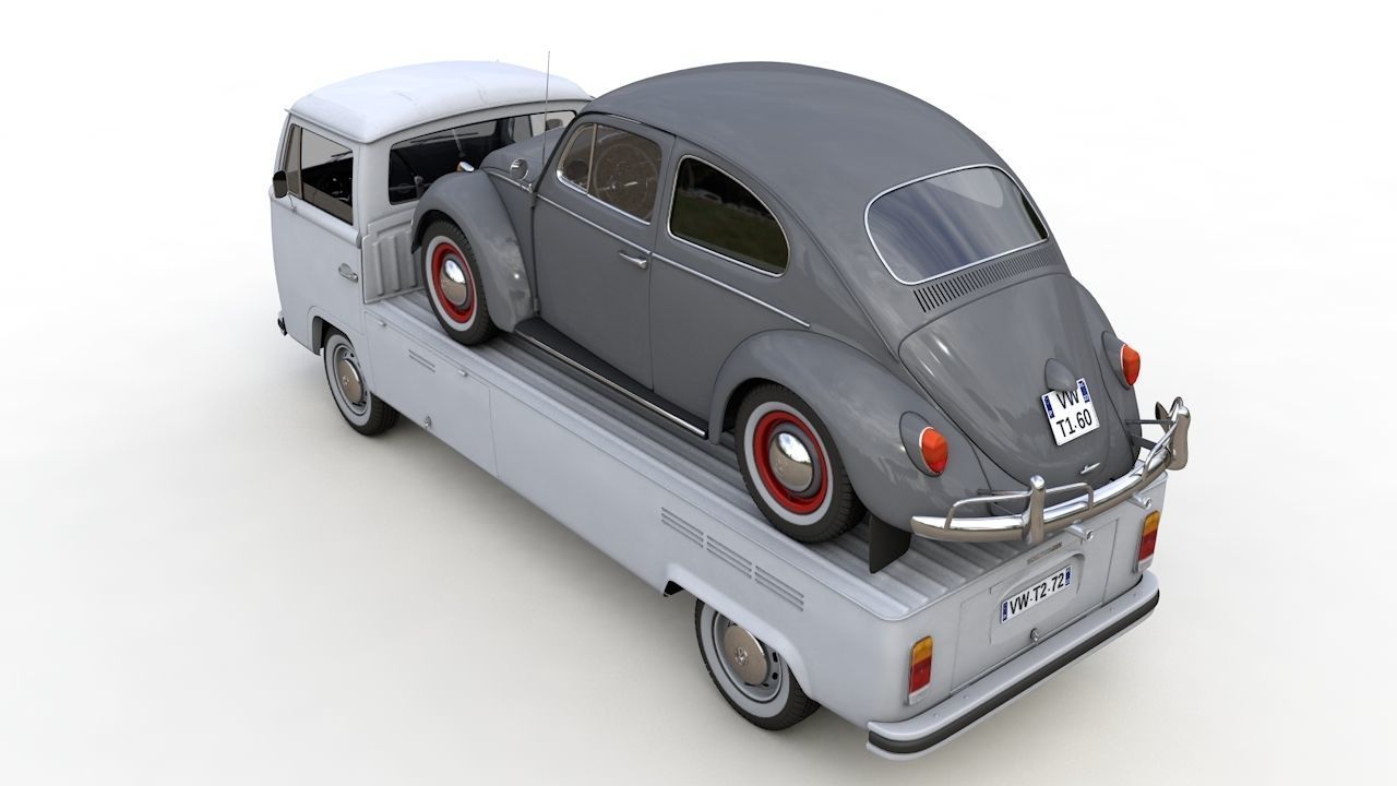 Vw T2 Kemperink Special Pickup 1976  and Vw Beetle 1960 3D model_8