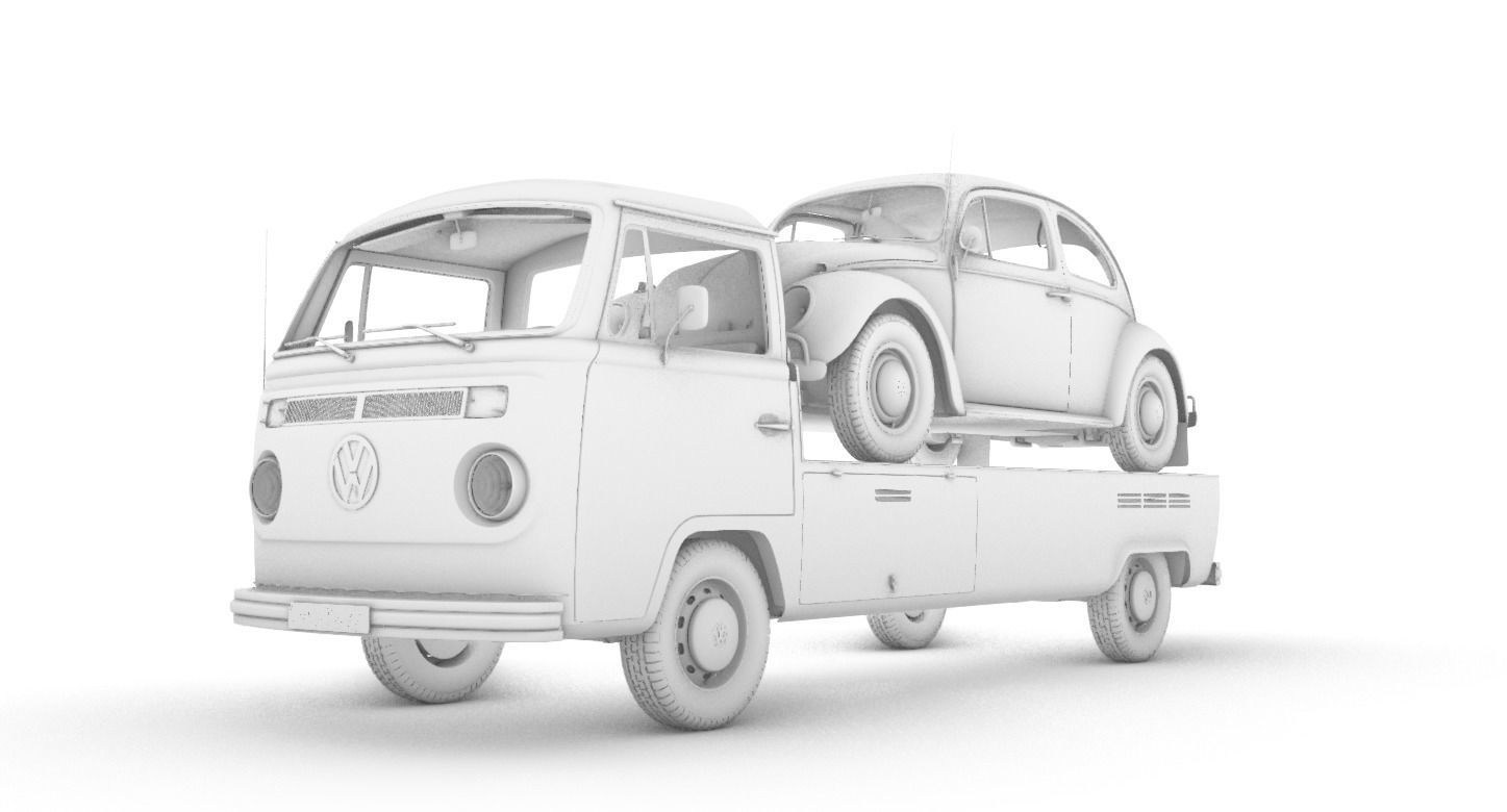 Vw T2 Kemperink Special Pickup 1976  and Vw Beetle 1960 3D model_17