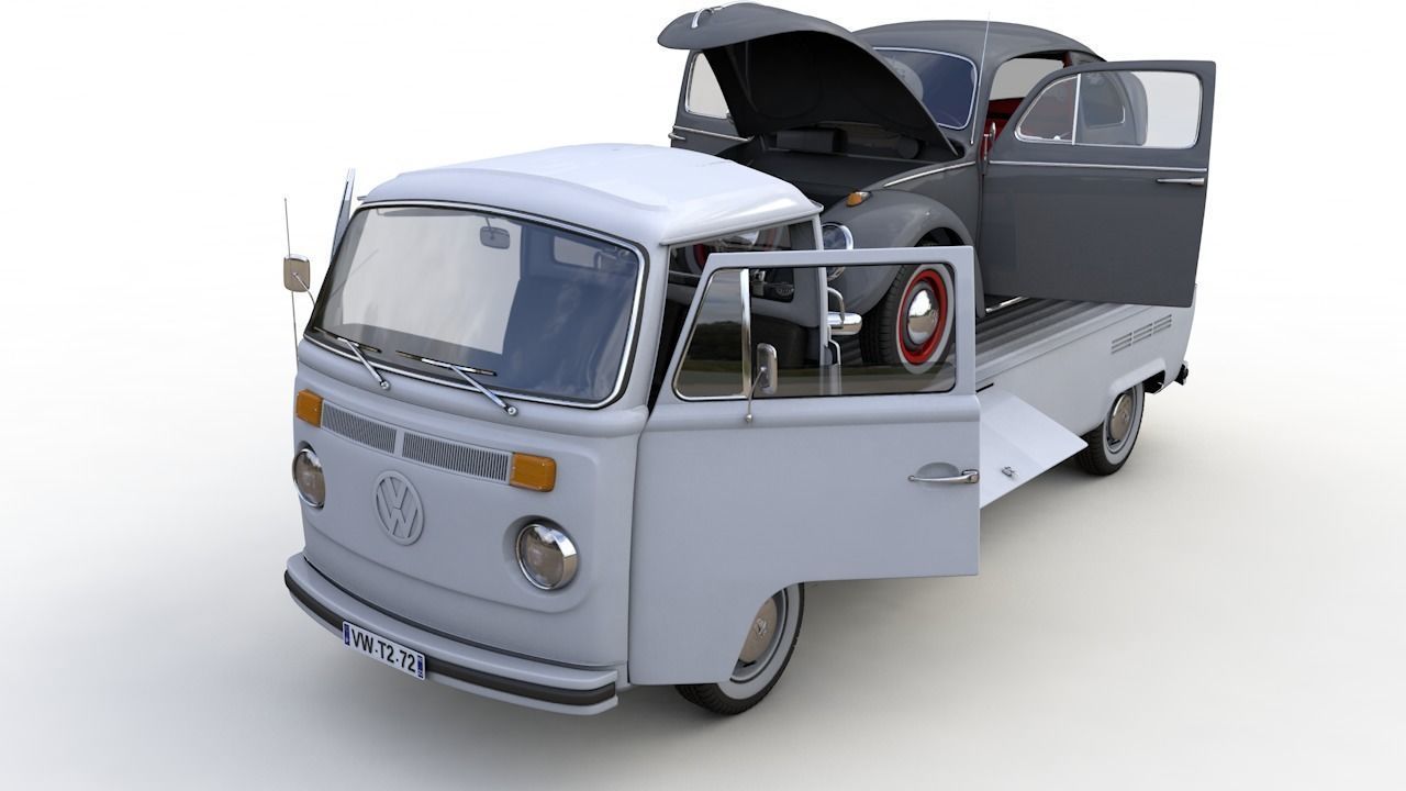 Vw T2 Kemperink Special Pickup 1976  and Vw Beetle 1960 3D model_1