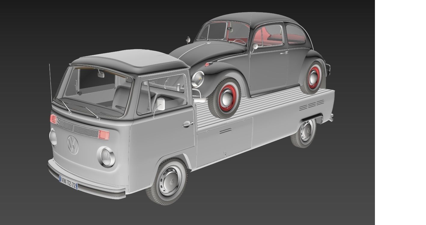 Vw T2 Kemperink Special Pickup 1976  and Vw Beetle 1960 3D model_21