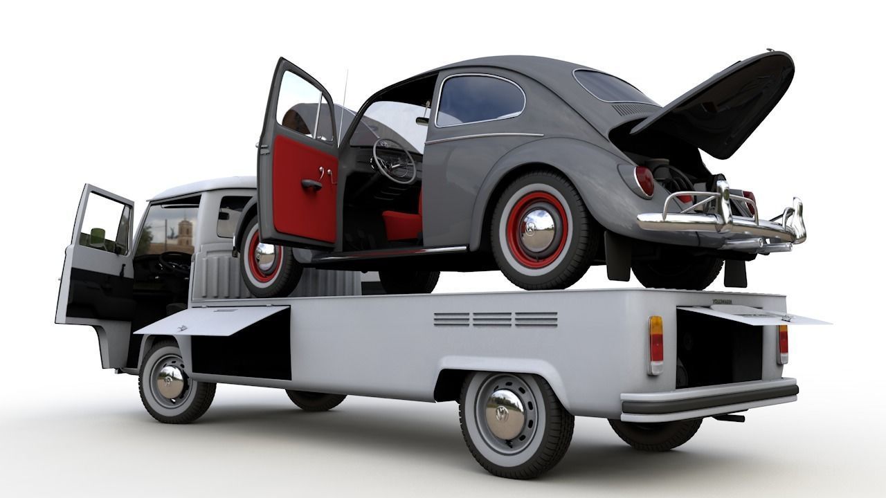Vw T2 Kemperink Special Pickup 1976  and Vw Beetle 1960 3D model_5