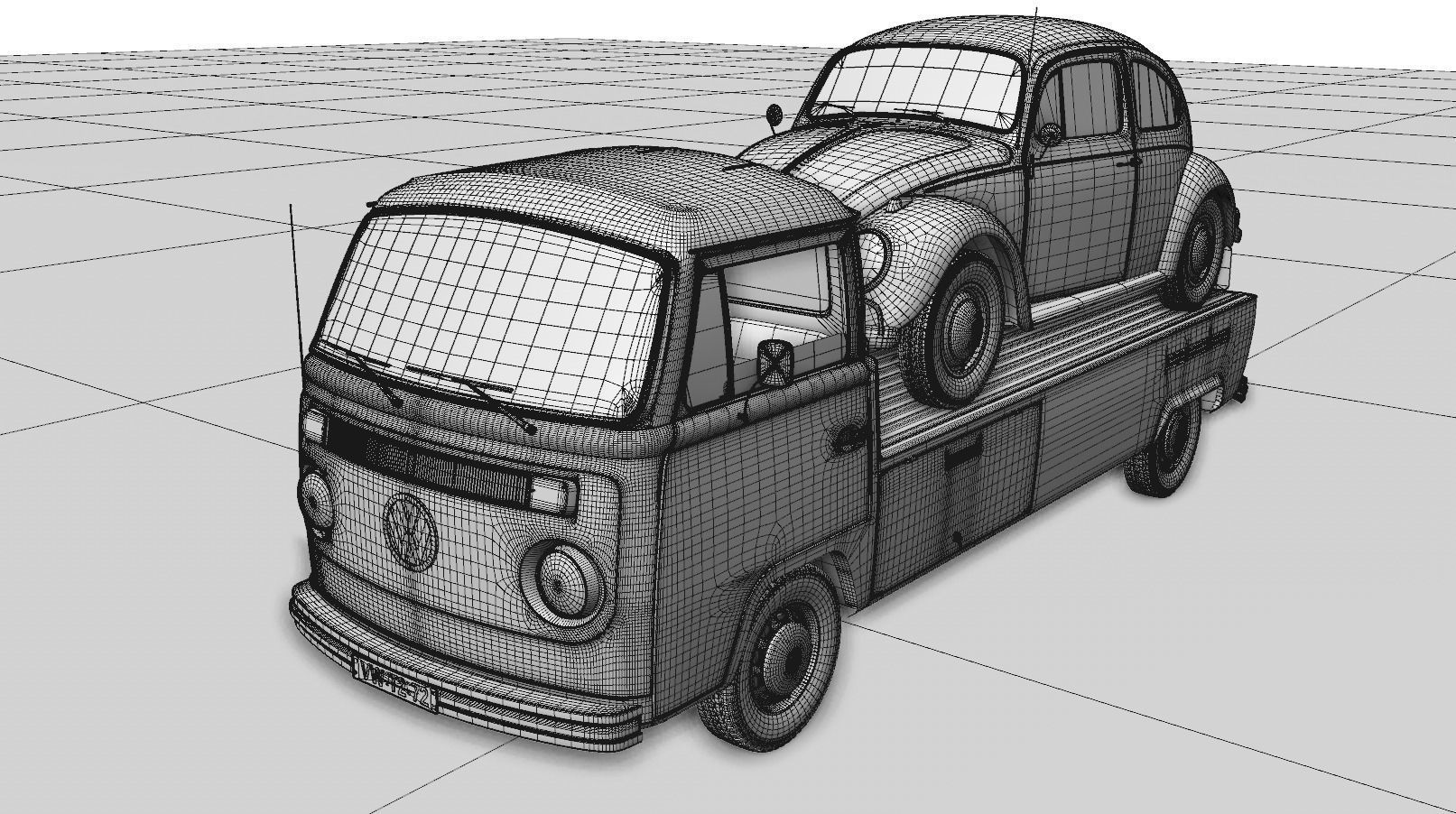 Vw T2 Kemperink Special Pickup 1976  and Vw Beetle 1960 3D model_20