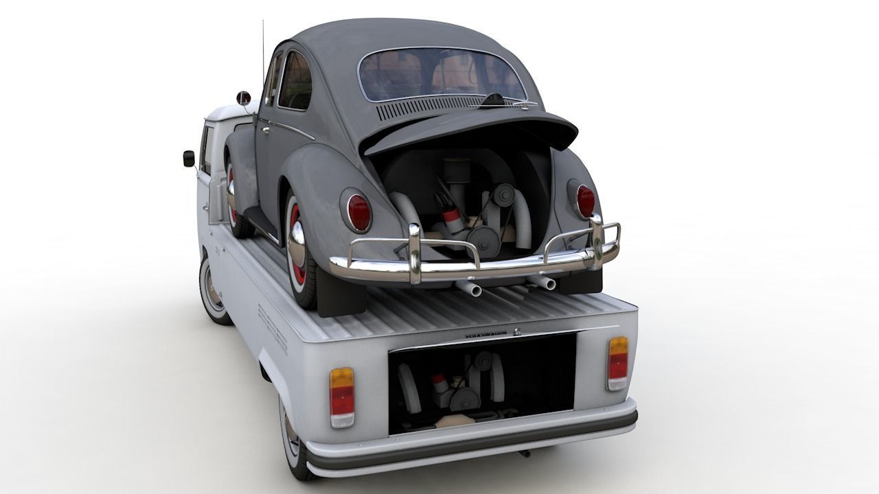 Vw T2 Kemperink Special Pickup 1976  and Vw Beetle 1960 3D model_9