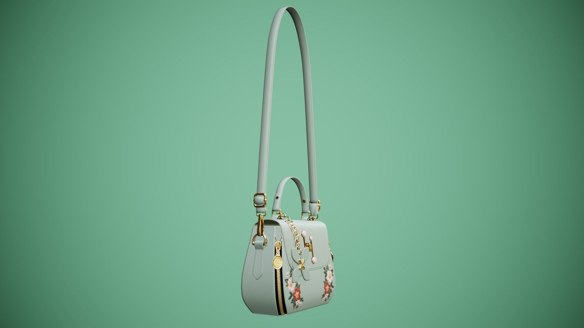 Flower green handbag with flower embroidery  3D model_8