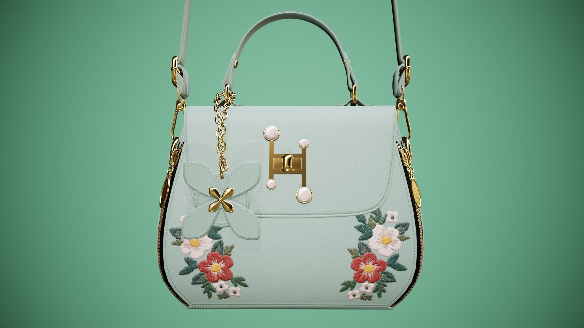 Flower green handbag with flower embroidery  3D model_3
