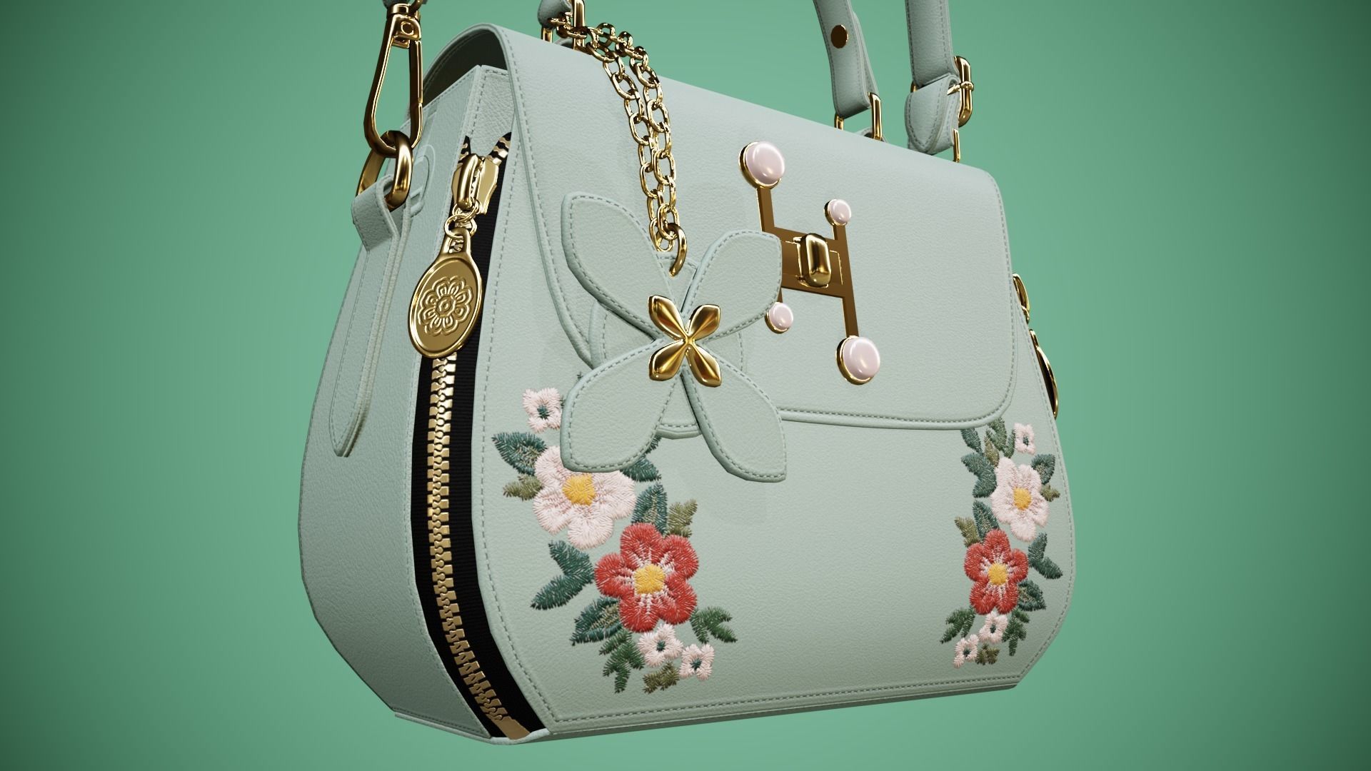 Flower green handbag with flower embroidery  3D model_4