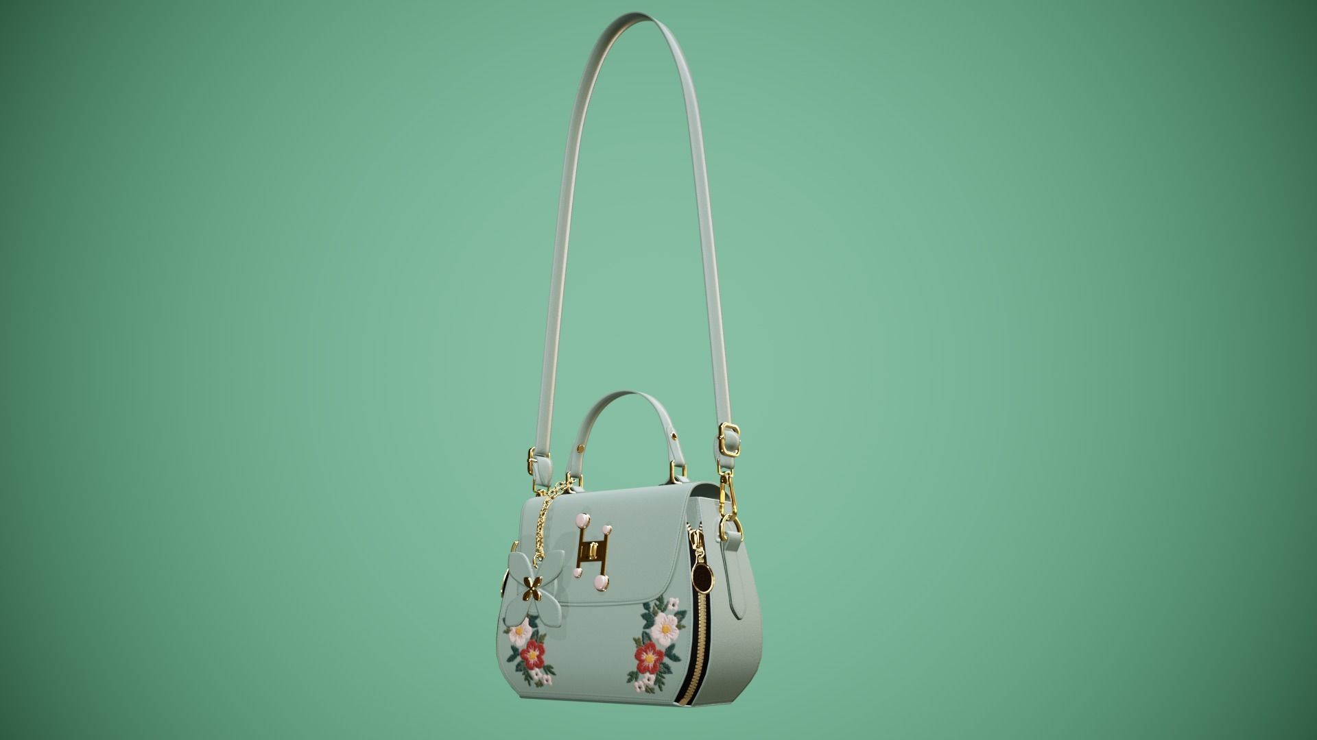 Flower green handbag with flower embroidery  3D model_7