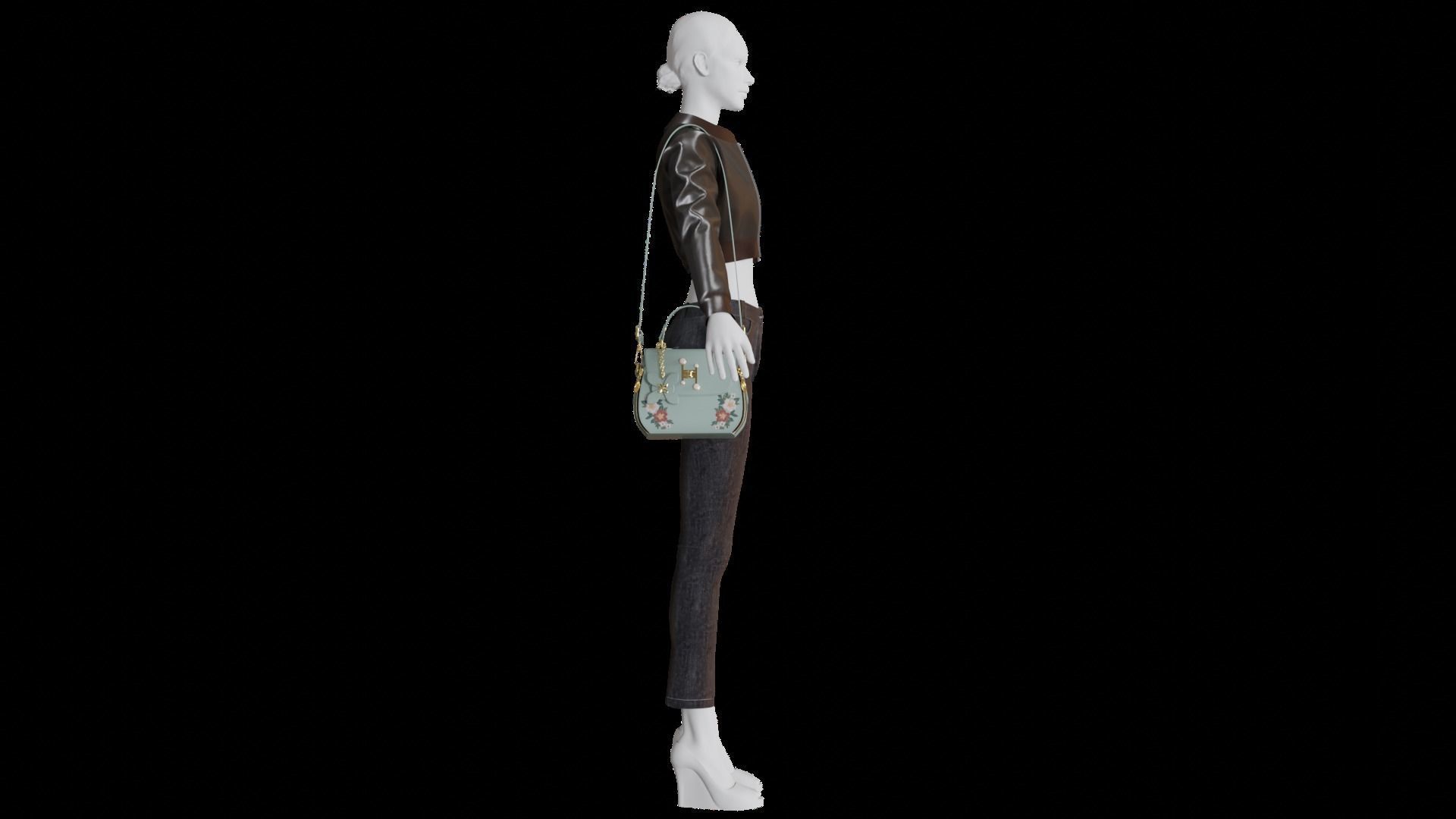 Flower green handbag with flower embroidery  3D model_13