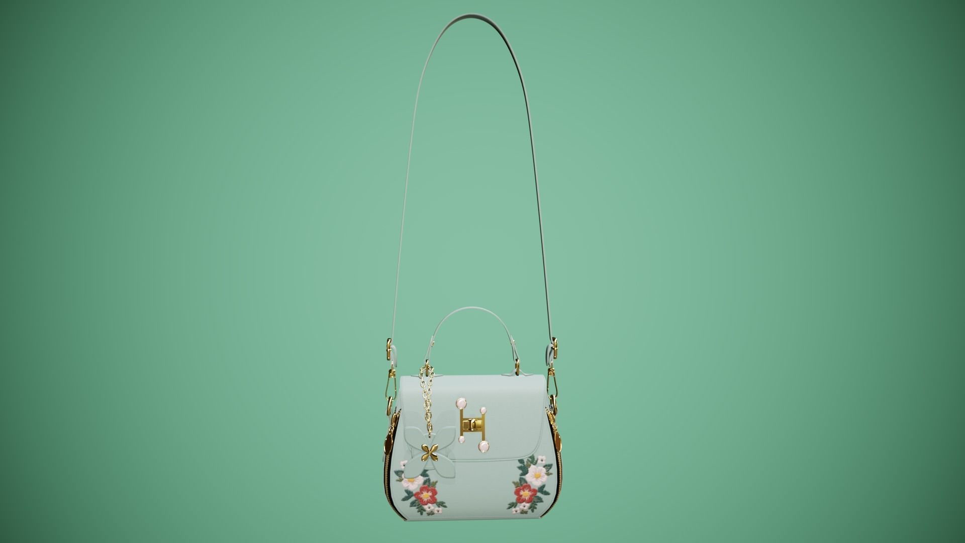 Flower green handbag with flower embroidery  3D model_6