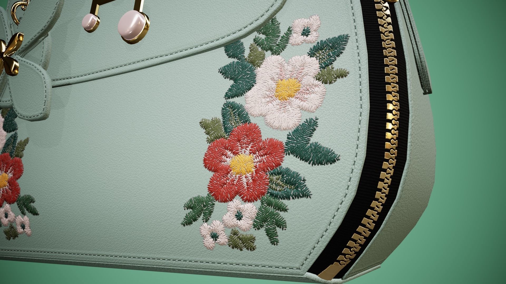 Flower green handbag with flower embroidery  3D model_5