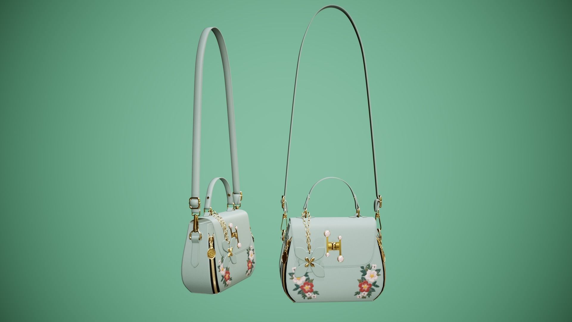 Flower green handbag with flower embroidery  3D model_2
