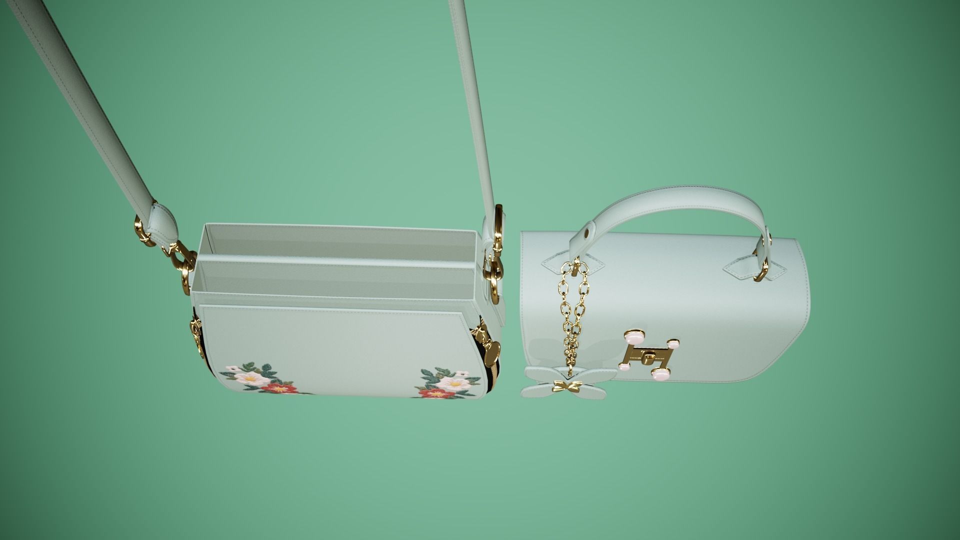 Flower green handbag with flower embroidery  3D model_11