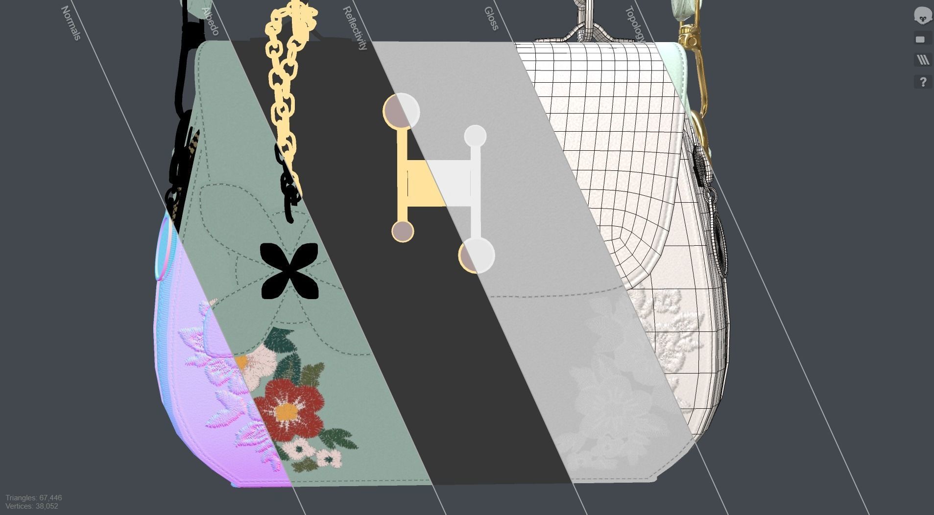 Flower green handbag with flower embroidery  3D model_18