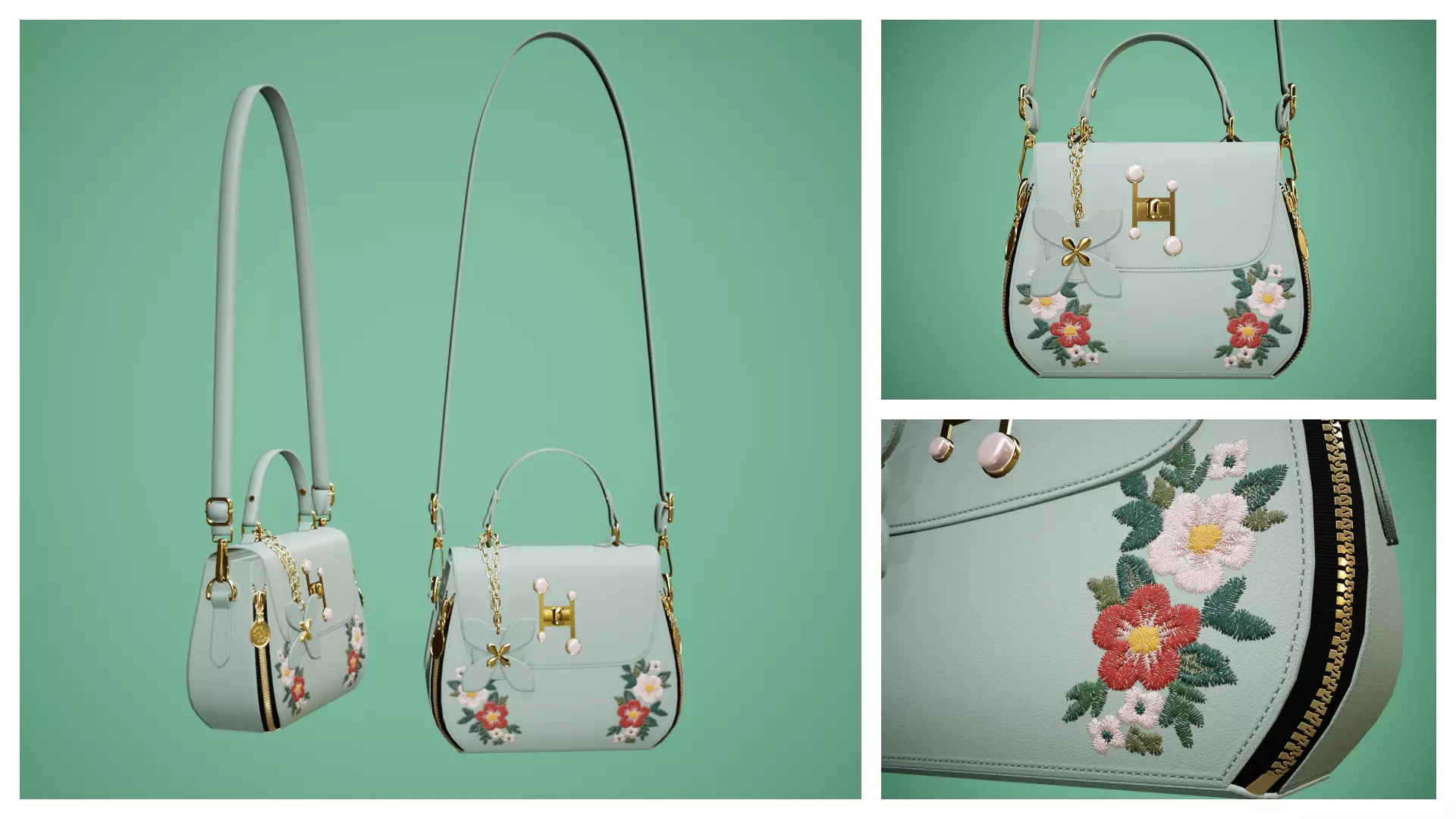 Flower green handbag with flower embroidery  3D model_0