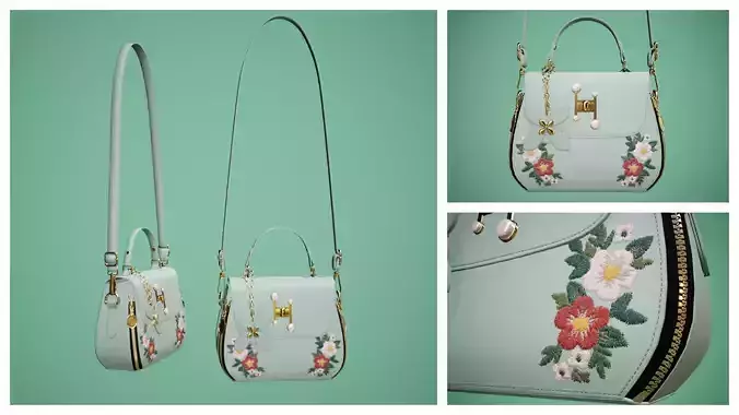 Flower green handbag with flower embroidery  3D model