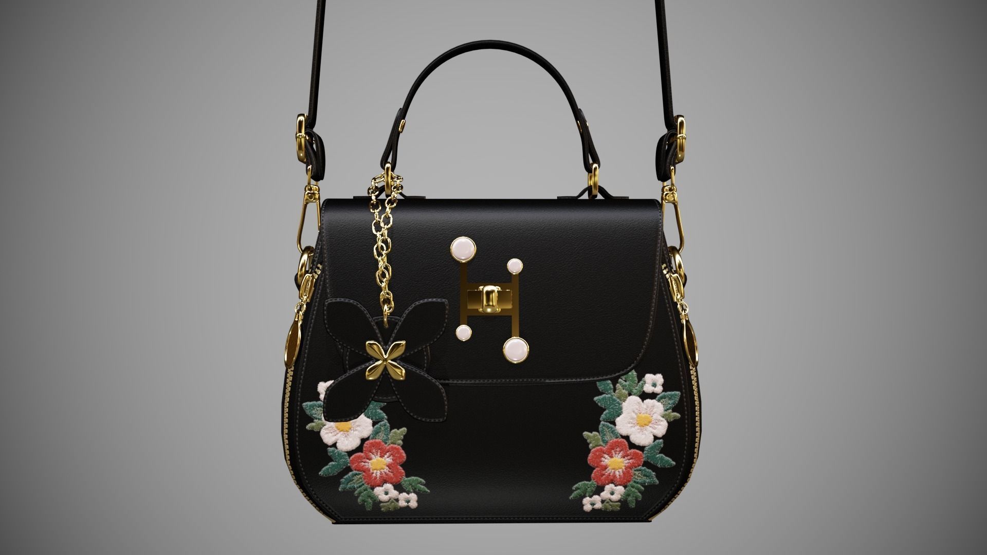 Flower Black handbag with flower embroidery  3D model_7