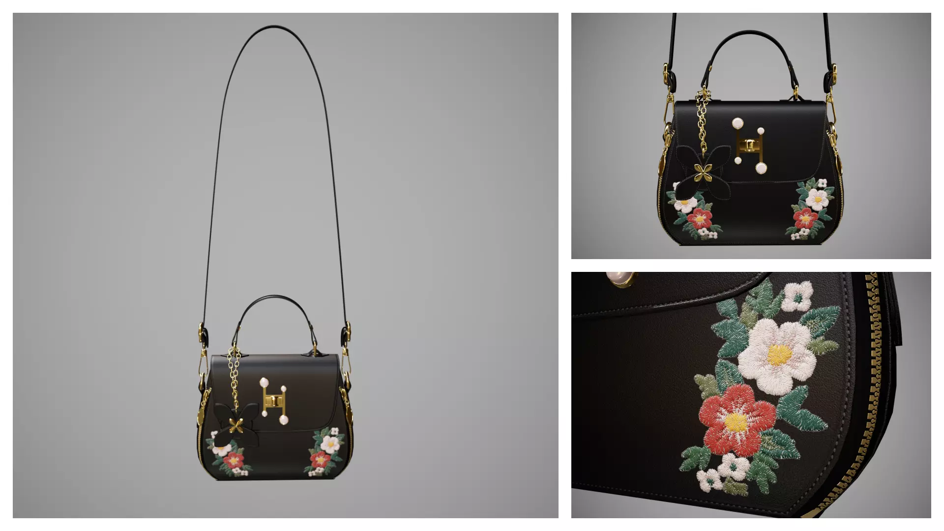 Flower Black handbag with flower embroidery  3D model_0