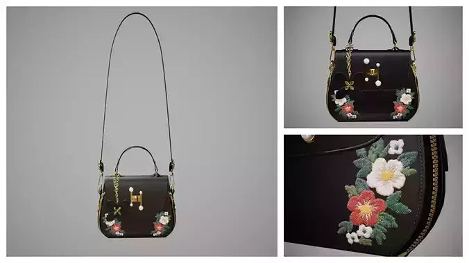 Flower Black handbag with flower embroidery  3D model
