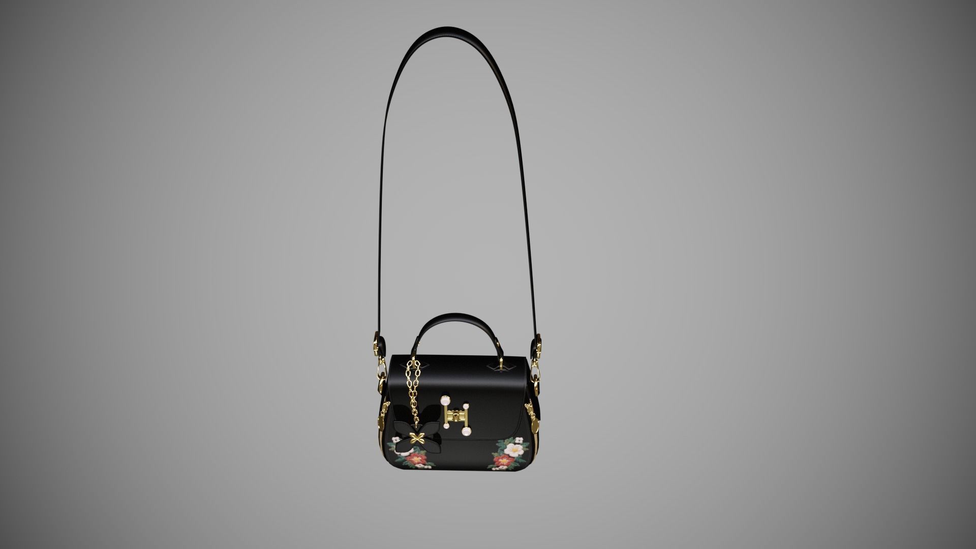 Flower Black handbag with flower embroidery  3D model_5