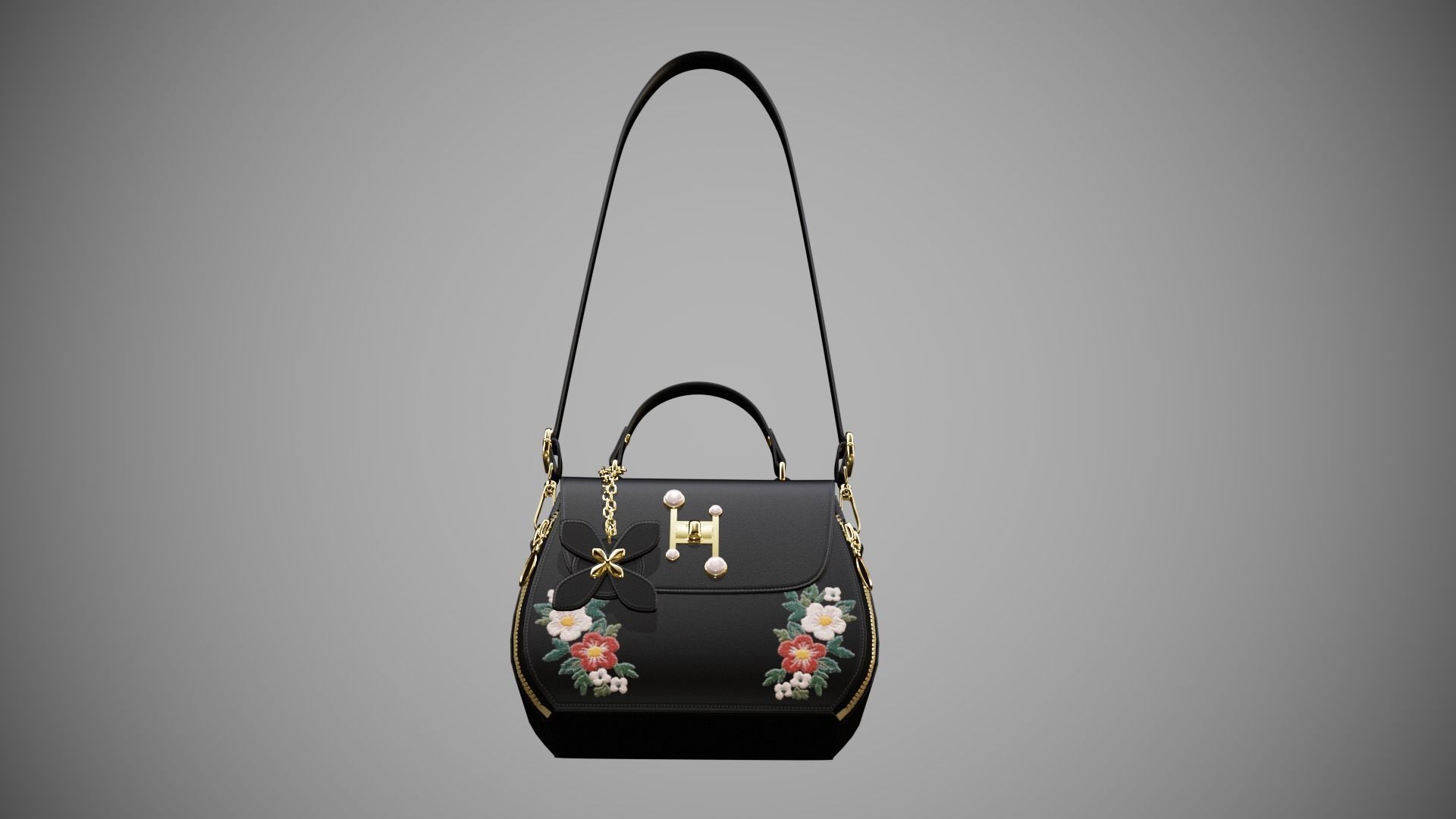 Flower Black handbag with flower embroidery  3D model_6
