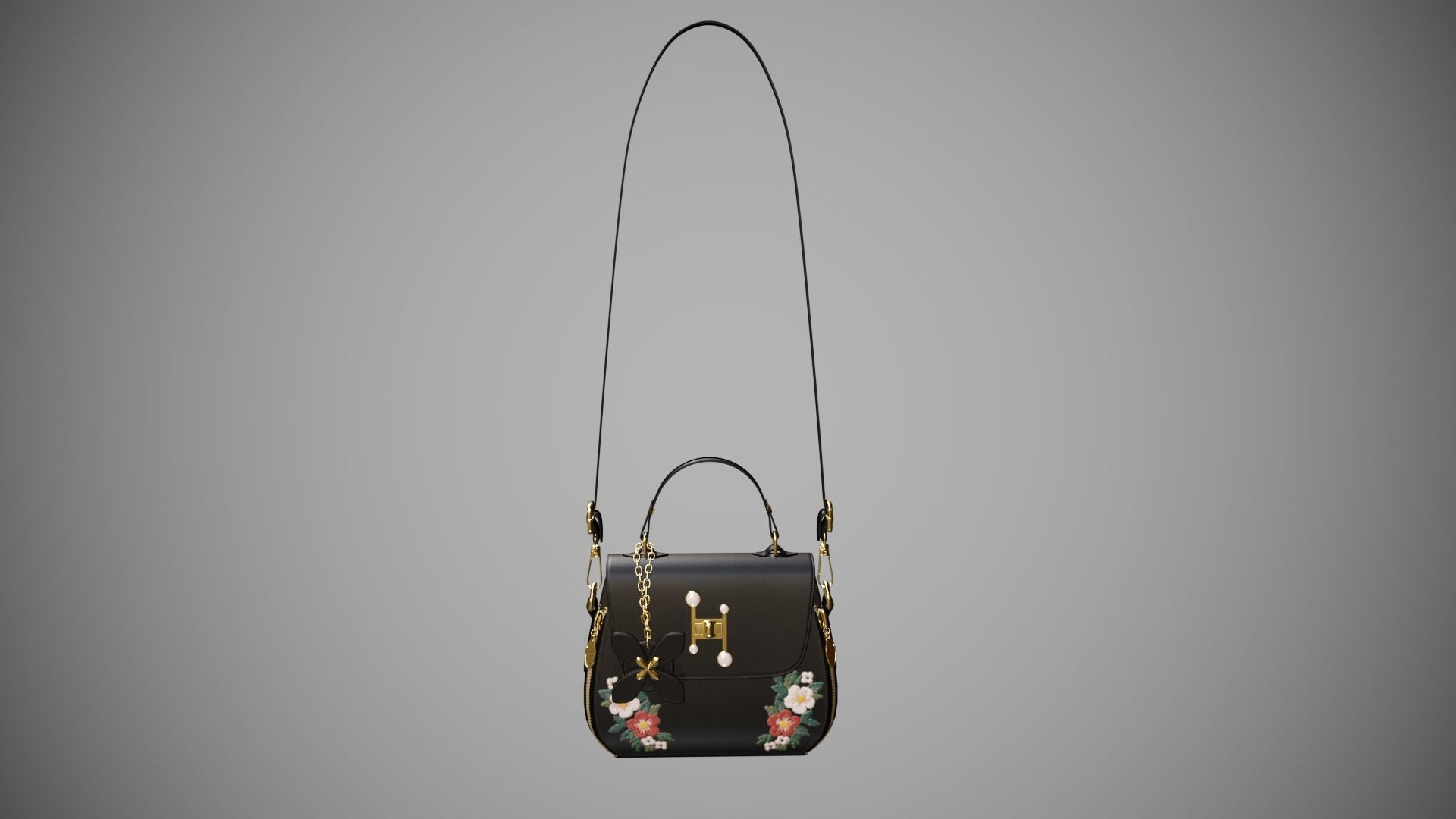 Flower Black handbag with flower embroidery  3D model_2