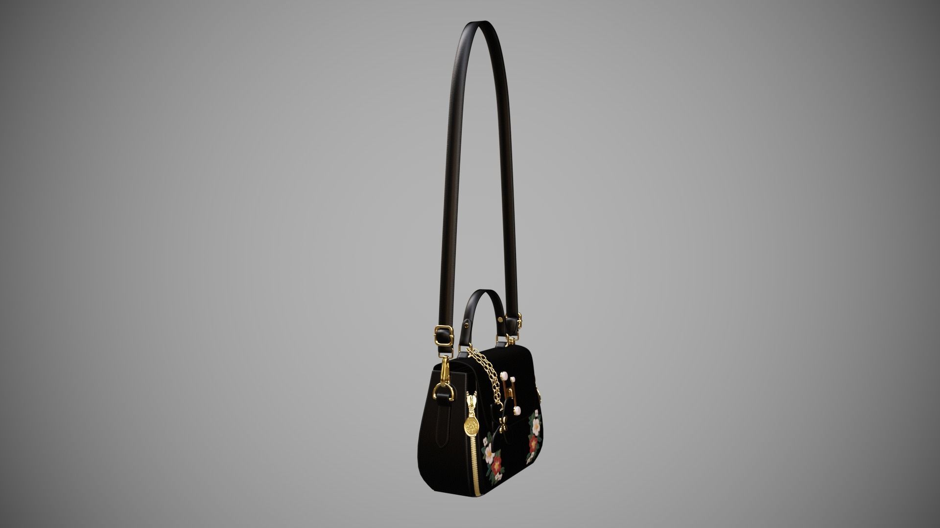 Flower Black handbag with flower embroidery  3D model_4