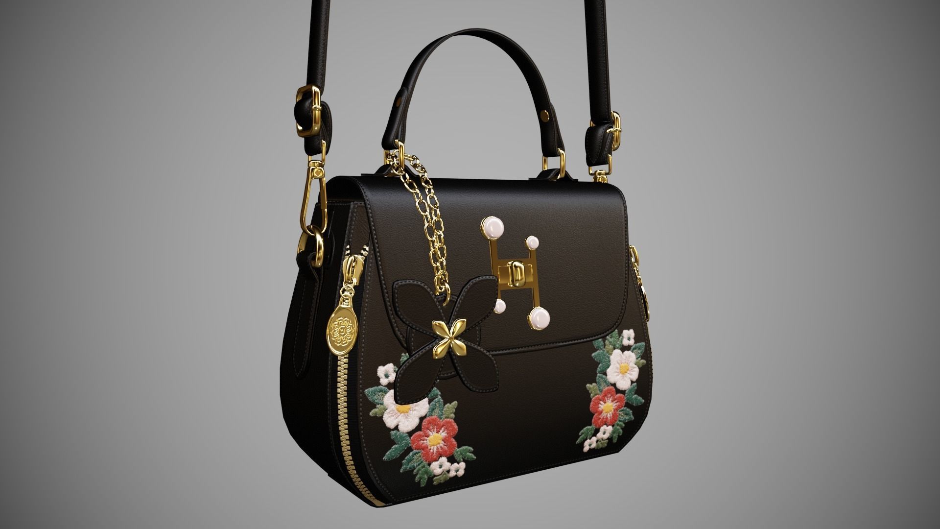 Flower Black handbag with flower embroidery  3D model_8