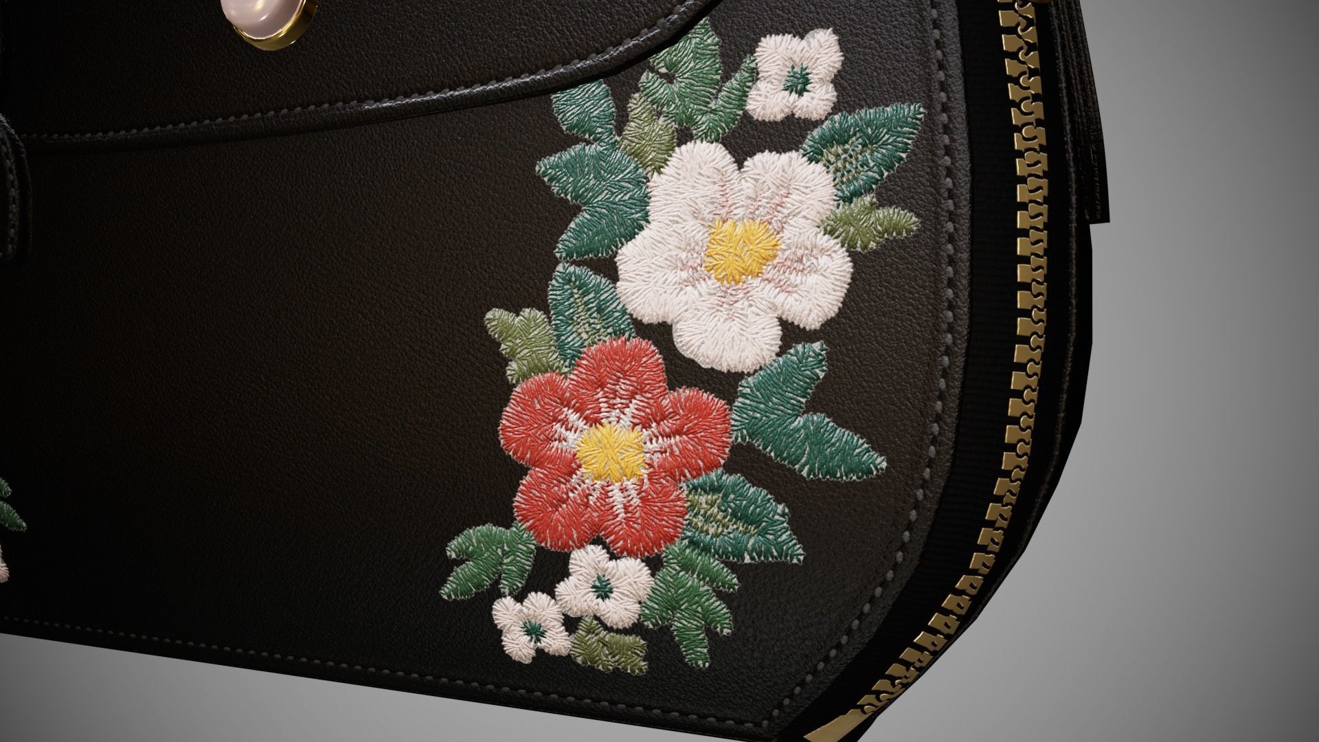 Flower Black handbag with flower embroidery  3D model_9