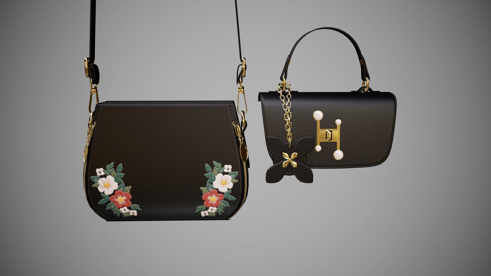 Flower Black handbag with flower embroidery  3D model_10