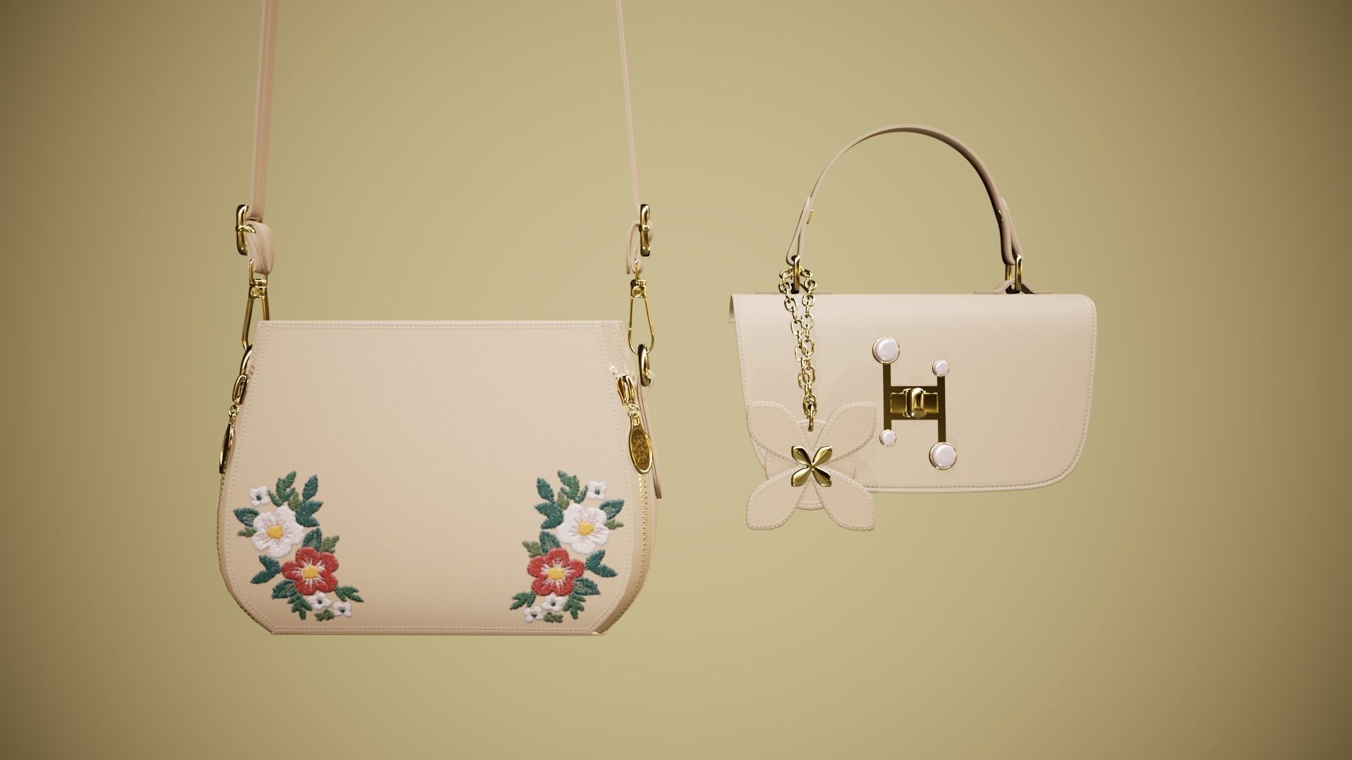 Flower Kaki handbag with flower embroidery 3D model_11