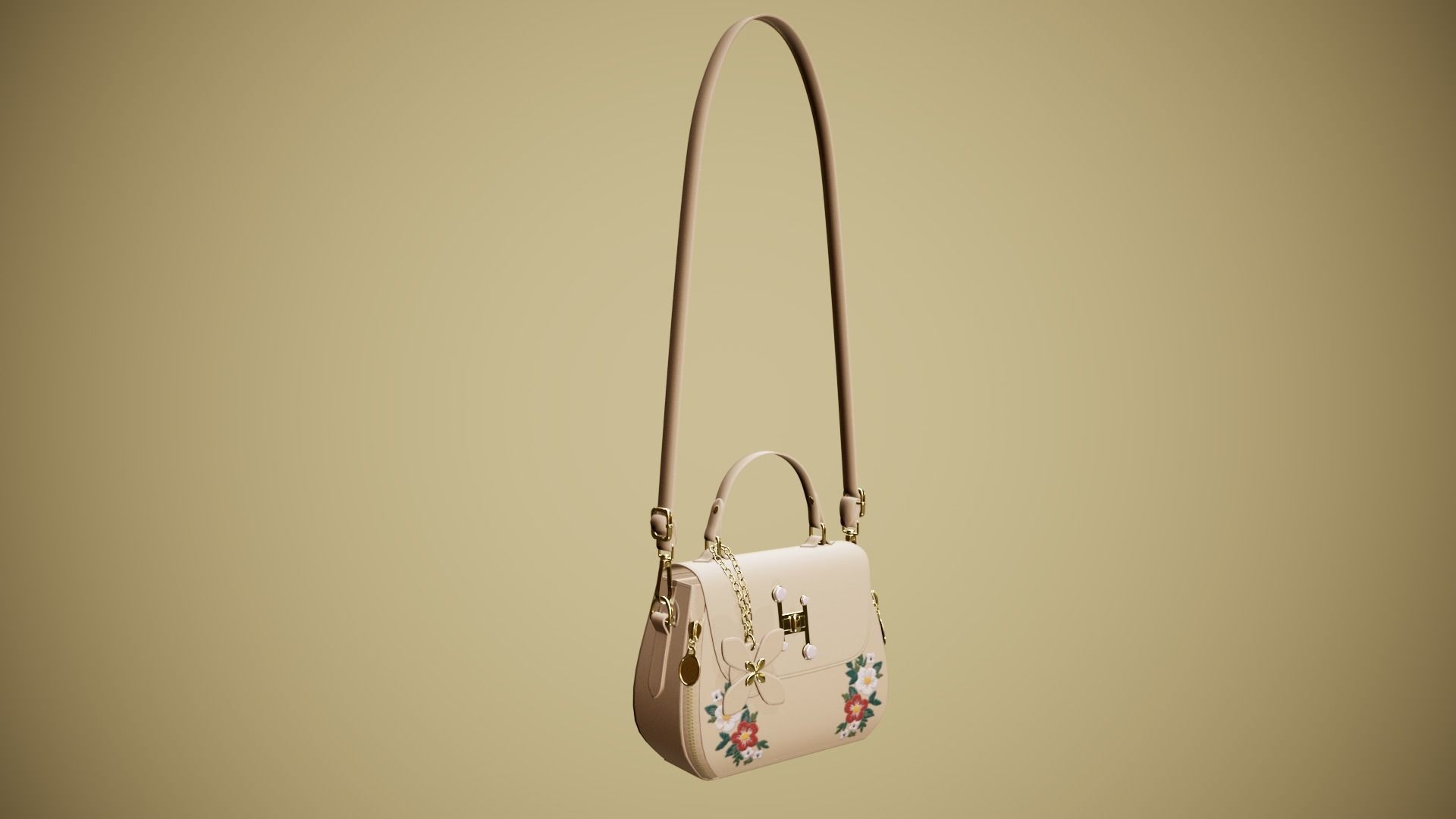 Flower Kaki handbag with flower embroidery 3D model_3
