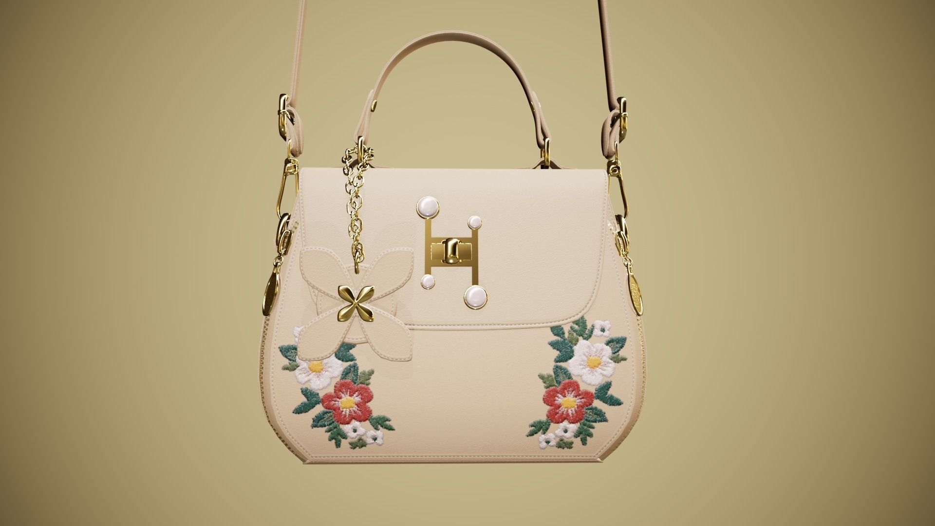 Flower Kaki handbag with flower embroidery 3D model_7