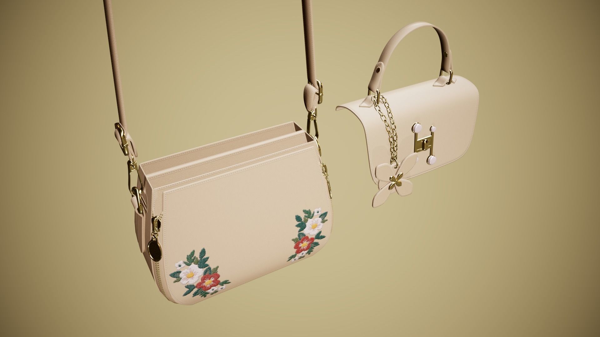 Flower Kaki handbag with flower embroidery 3D model_12