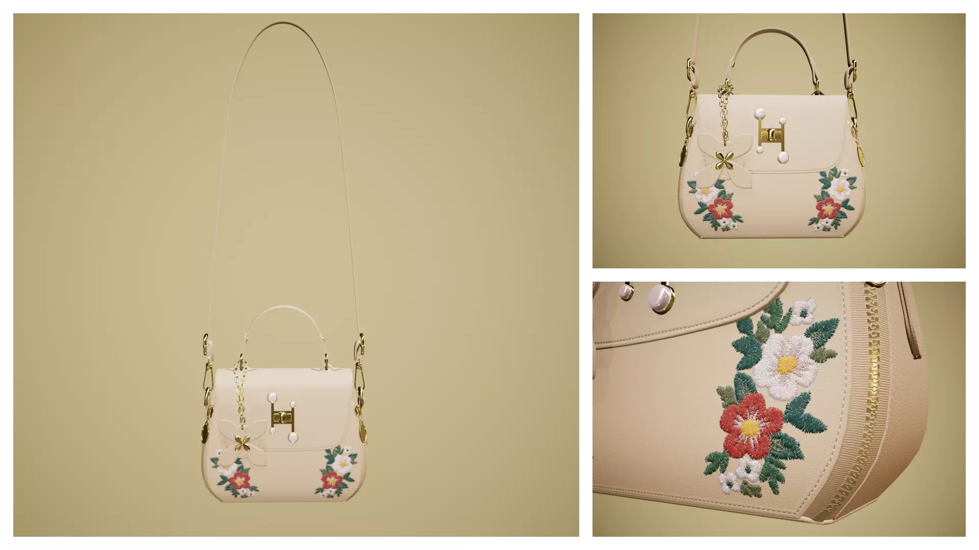 Flower Kaki handbag with flower embroidery 3D model_0