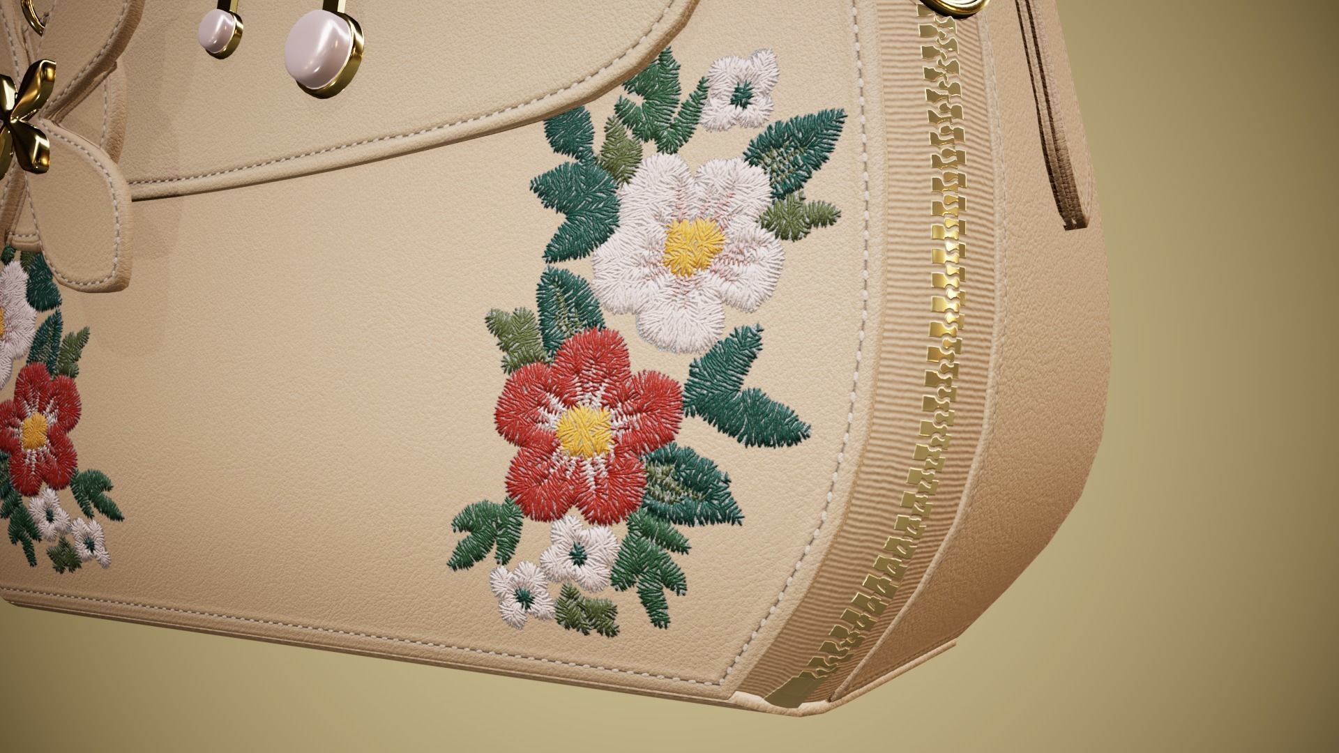 Flower Kaki handbag with flower embroidery 3D model_10